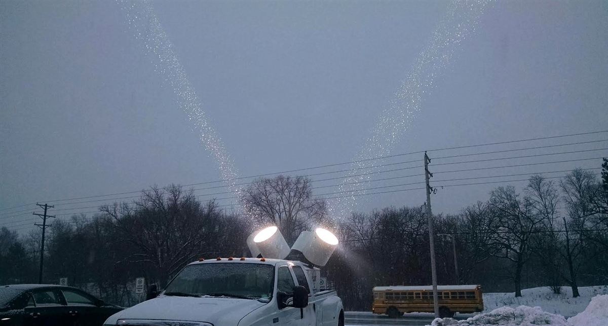 4-beam searchlight rental on a pickup truck at a winter event in St. Paul, Minnesota